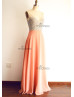 Coral Beaded Chiffon Long Prom Dress